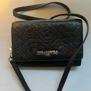 Karl Lagerfeld floral embossed black leather wallet crossbody